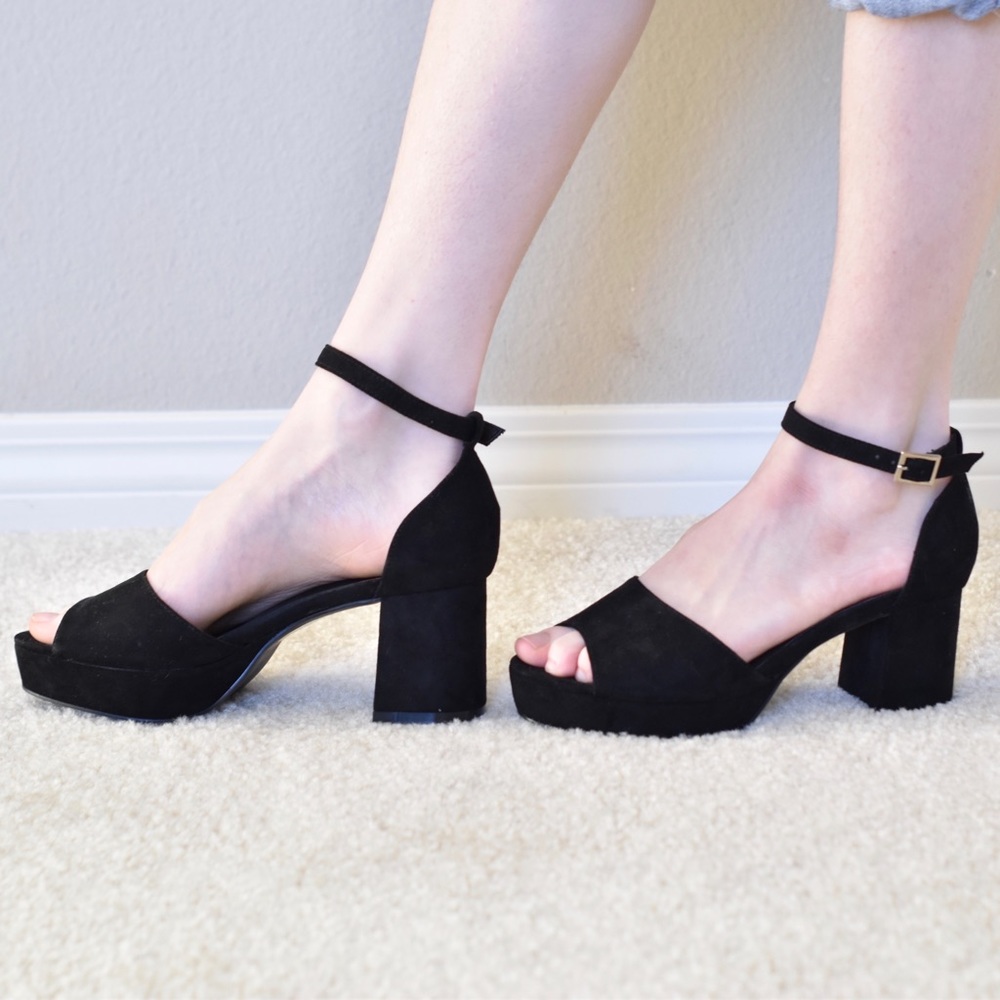 1970’s Style Heels Black Suede Boohoo Chunky